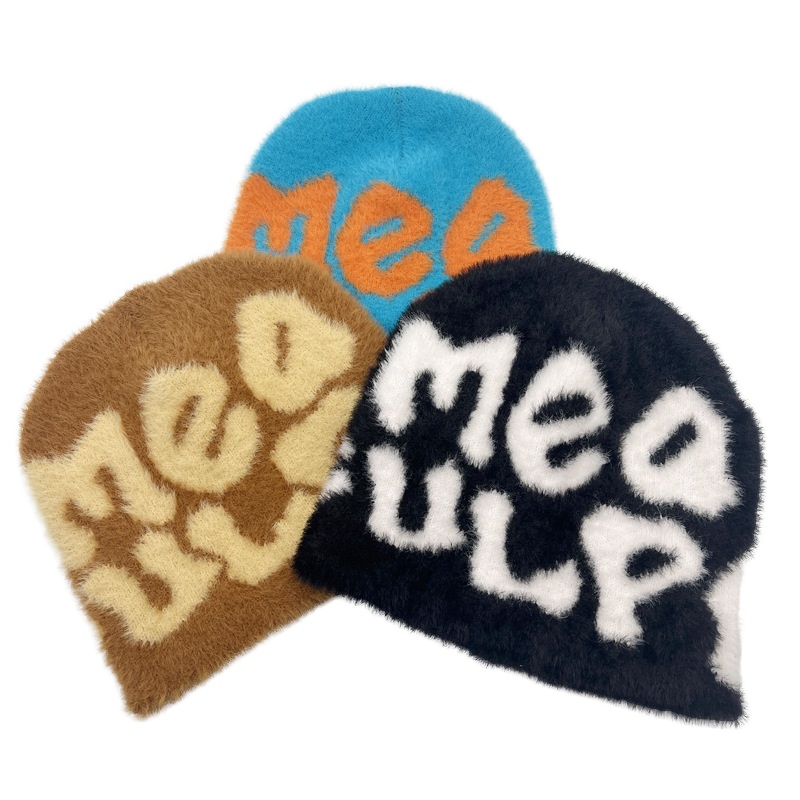 Acrylic knit beanie production samples in multiple colors