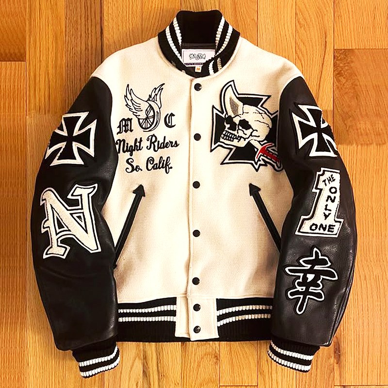 custom leather jacket varsity leather sleeves bomber — product-leather-36